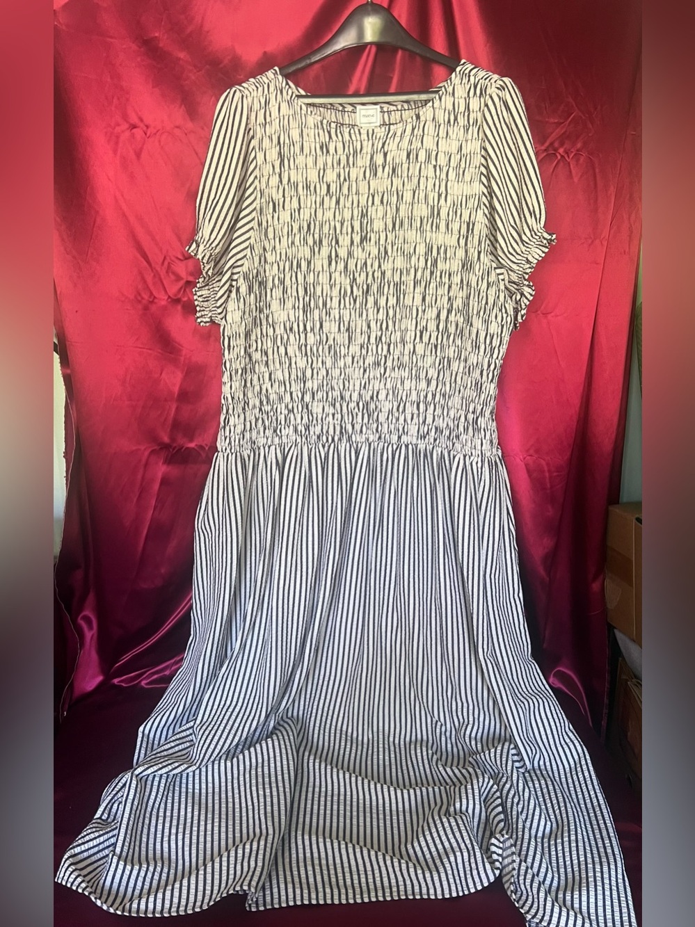 Maeve Blue & White Striped Smocked Midi Dress